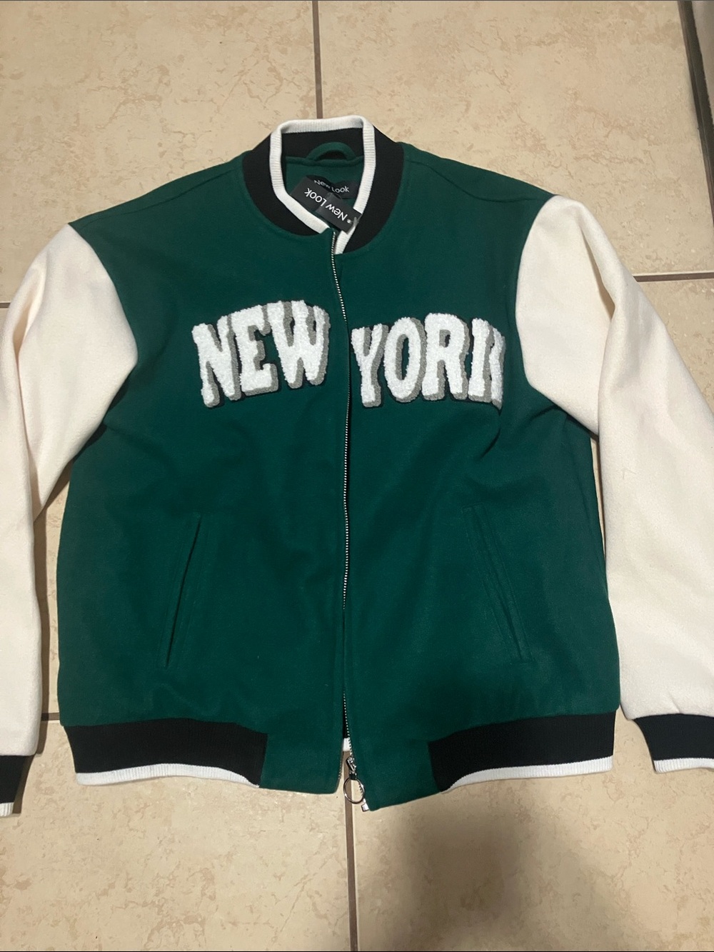 New Look Green & White Varsity Bomber Jacket